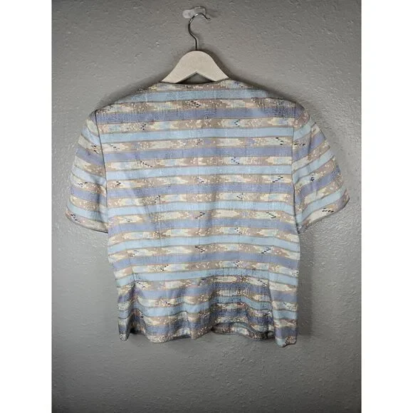 Adrianna Papell Women's 100% Silk Blue and Tan Short Sleeve Button Up Size 12P - Picture 5 of 6